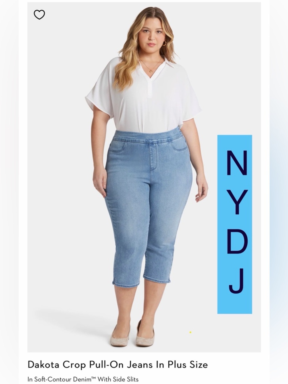 NWT NYDJ Dakota Crop Pull-On Jeans
Soft-Contour Denim⢠With Side Slits, Size XL